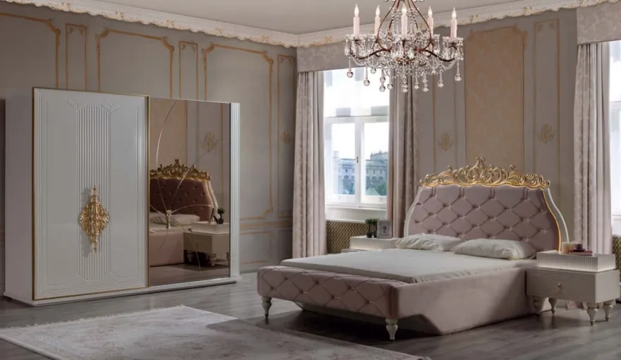 Casa Padrino Luxus Barock Doppelbett Rosa / Creme / Gold 204 x 233 x H. 149 cm - Edles Massivholz Bett mit Kopfteil - Prunkvolle Schlafzimmer Möbel im Barockstil