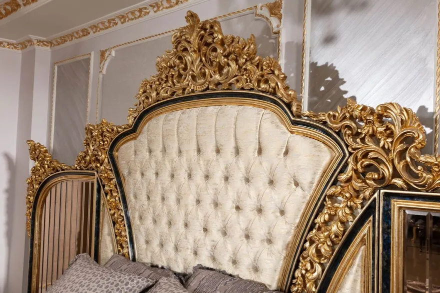 Casa Padrino Luxus Barock Doppelbett Gold / Weiß / Blau / Gold - Prunkvolles Massivholz Bett mit verspiegeltem Kopfteil - Schlafzimmer Möbel im Barockstil - Edel & Prunkvoll
