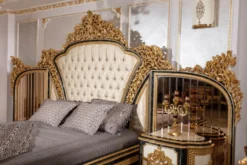 Casa Padrino Luxus Barock Doppelbett Gold / Weiß / Blau / Gold - Prunkvolles Massivholz Bett mit verspiegeltem Kopfteil - Schlafzimmer Möbel im Barockstil - Edel & Prunkvoll
