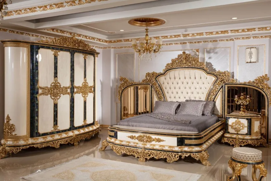 Casa Padrino Luxus Barock Doppelbett Gold / Weiß / Blau / Gold - Prunkvolles Massivholz Bett mit verspiegeltem Kopfteil - Schlafzimmer Möbel im Barockstil - Edel & Prunkvoll