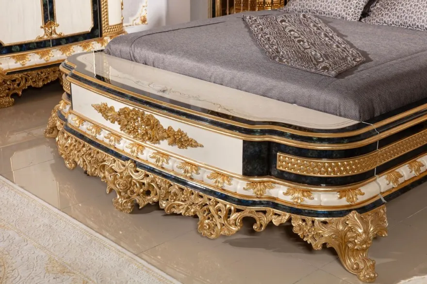 Casa Padrino Luxus Barock Doppelbett Gold / Weiß / Blau / Gold - Prunkvolles Massivholz Bett mit verspiegeltem Kopfteil - Schlafzimmer Möbel im Barockstil - Edel & Prunkvoll