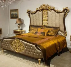 Casa Padrino Luxus Barock Doppelbett Silber / Dunkelbraun / Gold - Edles Massivholz Bett mit Kopfteil - Prunkvolle Schlafzimmer Möbel im Barockstil