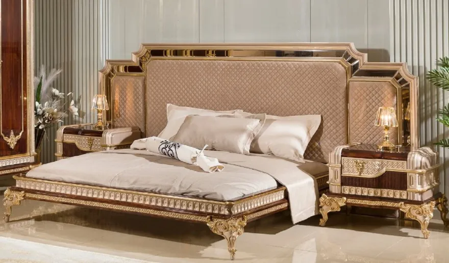 Casa Padrino Luxus Barock Doppelbett mit 2 Nachtkommoden Grau / Dunkelbraun / Gold - Barock Möbel