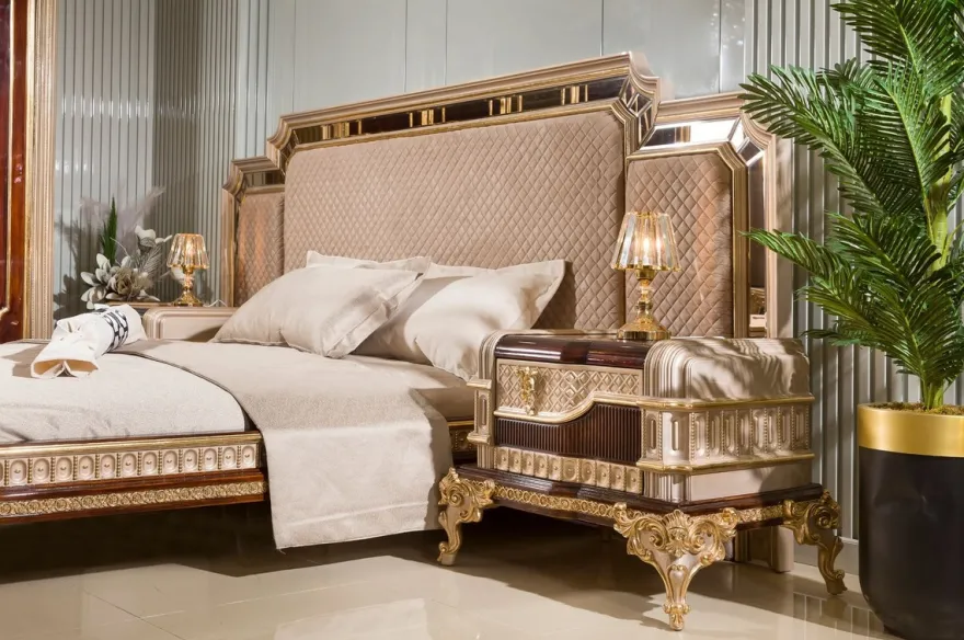 Casa Padrino Luxus Barock Doppelbett mit 2 Nachtkommoden Grau / Dunkelbraun / Gold - Barock Möbel