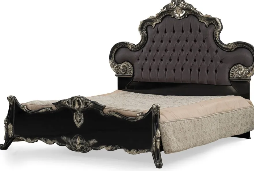 Casa Padrino Luxus Barock Doppelbett Anthrazit Grau / Schwarz / Silber - Prunkvolles Massivholz Bett - Luxus Schlafzimmer Möbel im Barockstil - Barock Schlafzimmer Möbel - Edel & Prunkvoll