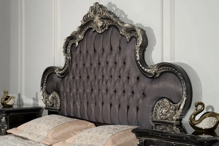Casa Padrino Luxus Barock Doppelbett Anthrazit Grau / Schwarz / Silber - Prunkvolles Massivholz Bett - Luxus Schlafzimmer Möbel im Barockstil - Barock Schlafzimmer Möbel - Edel & Prunkvoll