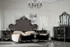 Casa Padrino Luxus Barock Doppelbett Anthrazit Grau / Schwarz / Silber - Prunkvolles Massivholz Bett - Luxus Schlafzimmer Möbel im Barockstil - Barock Schlafzimmer Möbel - Edel & Prunkvoll
