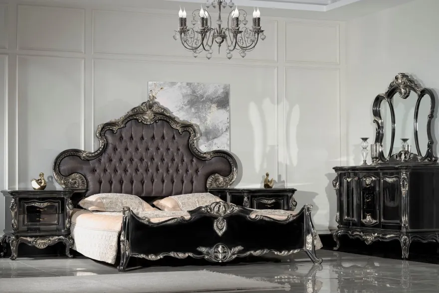 Casa Padrino Luxus Barock Doppelbett Anthrazit Grau / Schwarz / Silber - Prunkvolles Massivholz Bett - Luxus Schlafzimmer Möbel im Barockstil - Barock Schlafzimmer Möbel - Edel & Prunkvoll