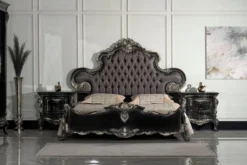 Casa Padrino Luxus Barock Doppelbett Anthrazit Grau / Schwarz / Silber - Prunkvolles Massivholz Bett - Luxus Schlafzimmer Möbel im Barockstil - Barock Schlafzimmer Möbel - Edel & Prunkvoll