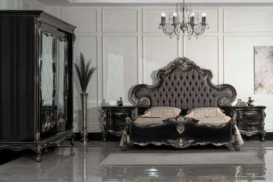 Casa Padrino Luxus Barock Doppelbett Anthrazit Grau / Schwarz / Silber - Prunkvolles Massivholz Bett - Luxus Schlafzimmer Möbel im Barockstil - Barock Schlafzimmer Möbel - Edel & Prunkvoll