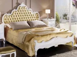 Casa Padrino Luxus Barock Doppelbett Gold / Weiß - Prunkvolles Massivholz Bett - Barock Schlafzimmer Möbel - Luxus Qualität - Made in Italy