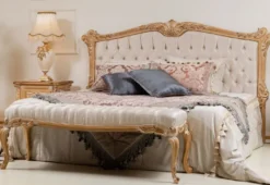 Casa Padrino Luxus Barock Doppelbett Cremefarben / Gold - Edles Massivholz Bett mit Kopfteil - Prunkvolle Schlafzimmer Möbel im Barockstil