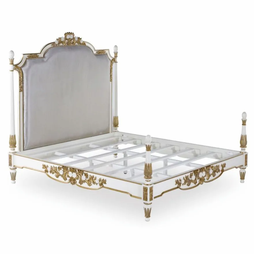 Casa Padrino Luxus Barock Doppelbett Weiß / Gold / Silbergrau - Barockstil Schlafzimmer Möbel