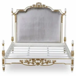 Casa Padrino Luxus Barock Doppelbett Weiß / Gold / Silbergrau - Barockstil Schlafzimmer Möbel