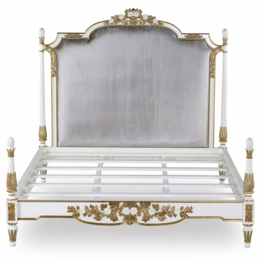 Casa Padrino Luxus Barock Doppelbett Weiß / Gold / Silbergrau - Barockstil Schlafzimmer Möbel