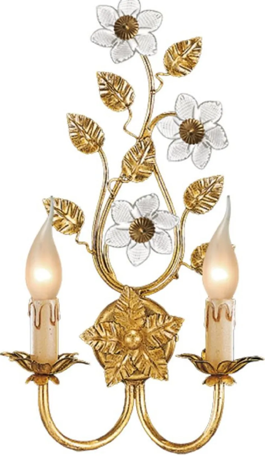 Casa Padrino Luxus Barock Doppel Wandleuchte Gold mit Patina 25 x 11 x H. 43 cm - Elegante Barockstil Wandlampe mit edlem Murano Glas - Barock Leuchten - Luxus Qualität - Made in Italy