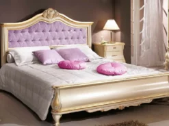 Casa Padrino Luxus Barock Doppelbett Lila / Cremefarben / Gold - Prunkvolles Massivholz Bett im Barockstil - Barock Schlafzimmer & Hotel Möbel - Luxus Qualität - Made in Italy