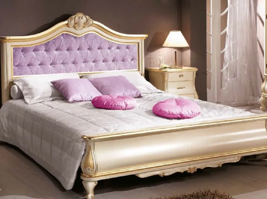 Casa Padrino Luxus Barock Doppelbett Lila / Cremefarben / Gold - Prunkvolles Massivholz Bett im Barockstil - Barock Schlafzimmer & Hotel Möbel - Luxus Qualität - Made in Italy