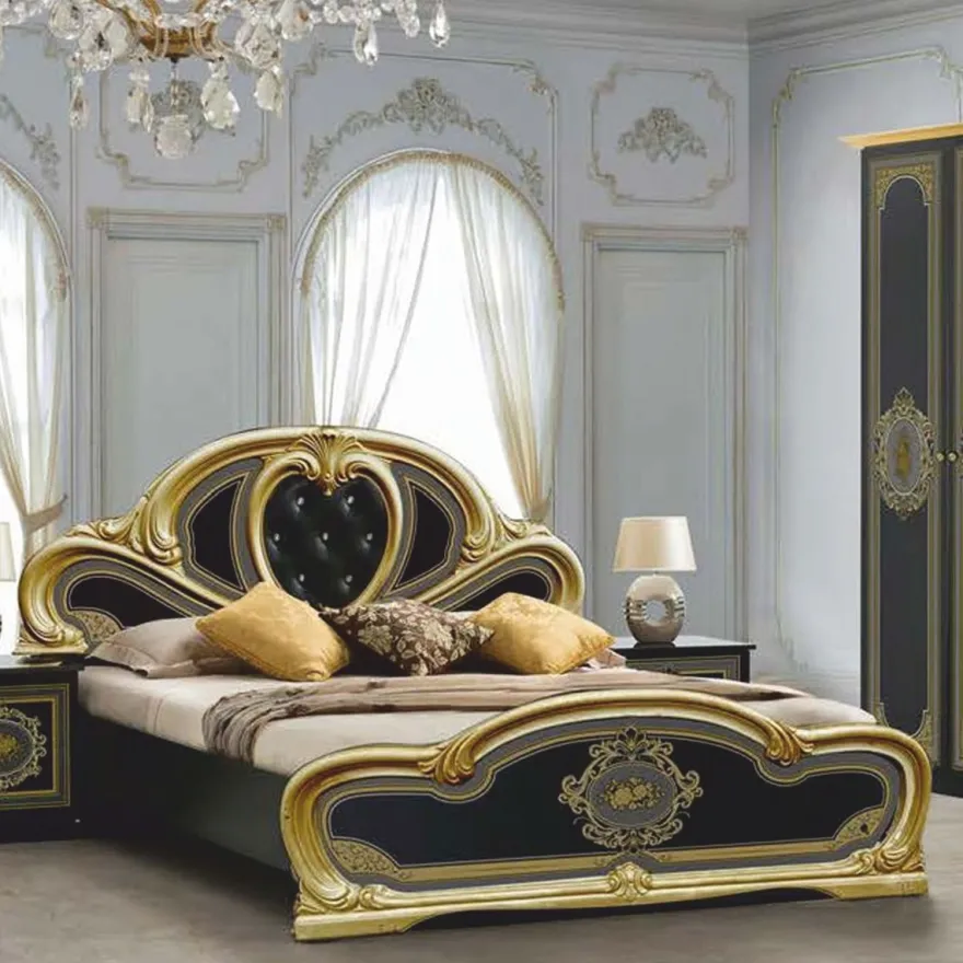 Casa Padrino Luxus Barock Doppelbett mit Glitzersteinen Schwarz / Grau / Gold - Schlafzimmer Möbel