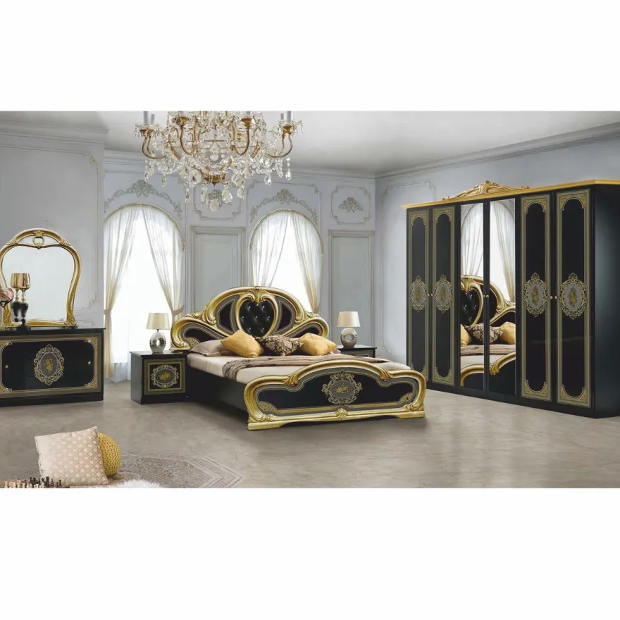 Casa Padrino Luxus Barock Doppelbett mit Glitzersteinen Schwarz / Grau / Gold - Schlafzimmer Möbel