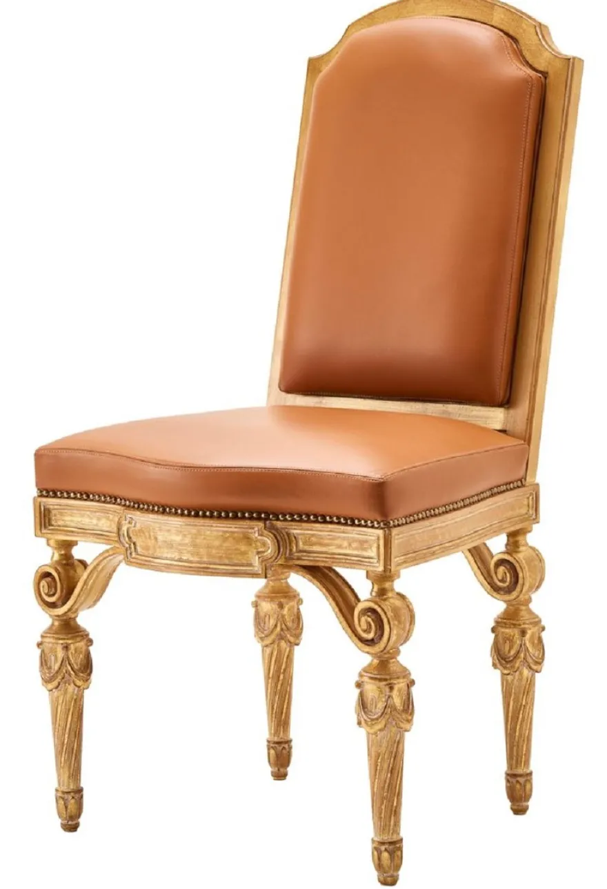 Casa Padrino Luxus Barock Echtleder Esszimmer Stuhl Braun / Naturfarben - Barock Möbel - Made in Italy