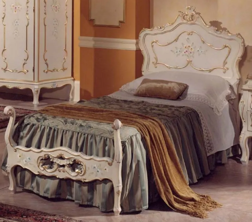 Casa Padrino Luxus Barock Einzelbett Elfenbein / Mehrfarbig / Gold - Prunkvolles Barockstil Massivholz Bett - Luxus Schlafzimmer Möbel im Barockstil - Luxus Qualität - Made in Italy