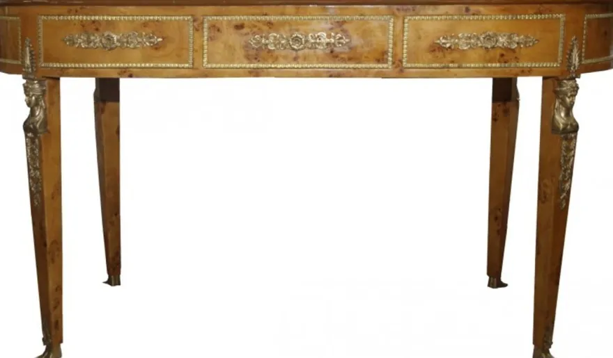 Casa Padrino Luxus Barock Empire Schreibtisch Sekretär mit 3 Schubladen - Vogelaugen Ahorn & Bordeaux Lederoptik - 150 x 77 x 81 cm