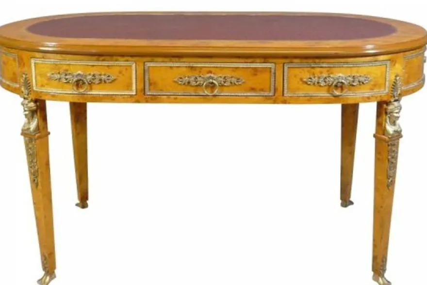 Casa Padrino Luxus Barock Empire Schreibtisch Sekretär mit 3 Schubladen - Vogelaugen Ahorn & Bordeaux Lederoptik - 150 x 77 x 81 cm