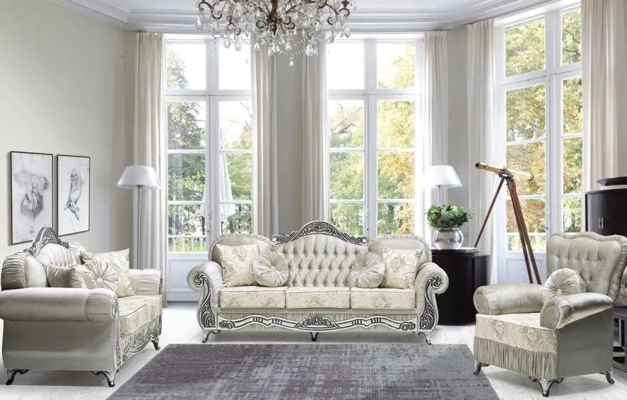 Casa Padrino Luxus Barock 2er Sofa Grau / Creme / Silber / Schwarz - Prunkvolles Wohnzimmer Sofa mit elegantem Muster und Glitzersteinen - Luxus Wohnzimmer Möbel im Barockstil - Barock Möbel