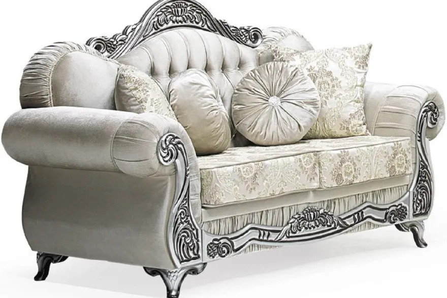 Casa Padrino Luxus Barock 2er Sofa Grau / Creme / Silber / Schwarz - Prunkvolles Wohnzimmer Sofa mit elegantem Muster und Glitzersteinen - Luxus Wohnzimmer Möbel im Barockstil - Barock Möbel