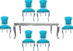 Casa Padrino Luxus Barock Esszimmer Set Türkis / Silber - 1 Esstisch mit Glasplatte und 6 Esszimmerstühle - Made in Italy - Luxury Collection
