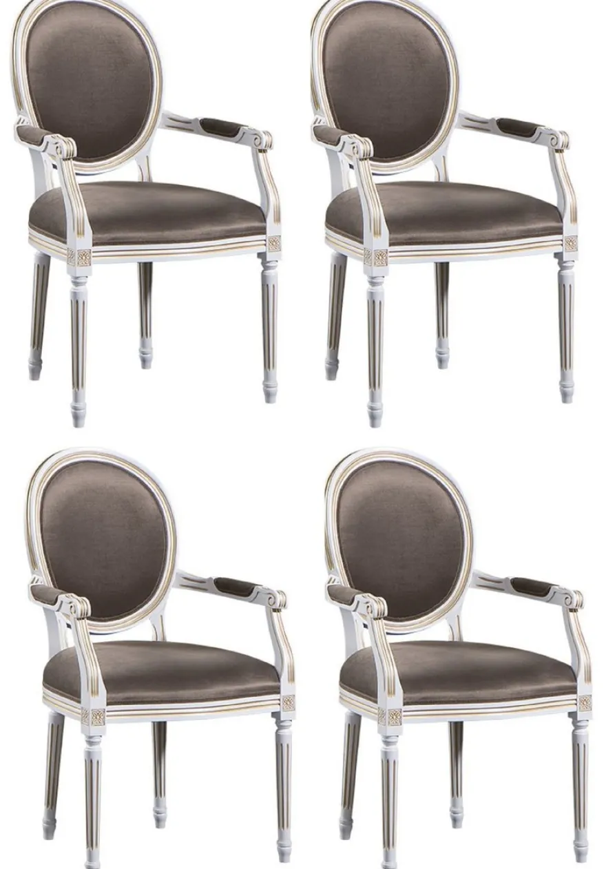 Casa Padrino Luxus Barock Esszimmer Set Weiß / Gold / Grau 59 x 43,5 x H. 98 cm - 4 Esszimmerstühle mit Armlehnen - Esszimmermöbel