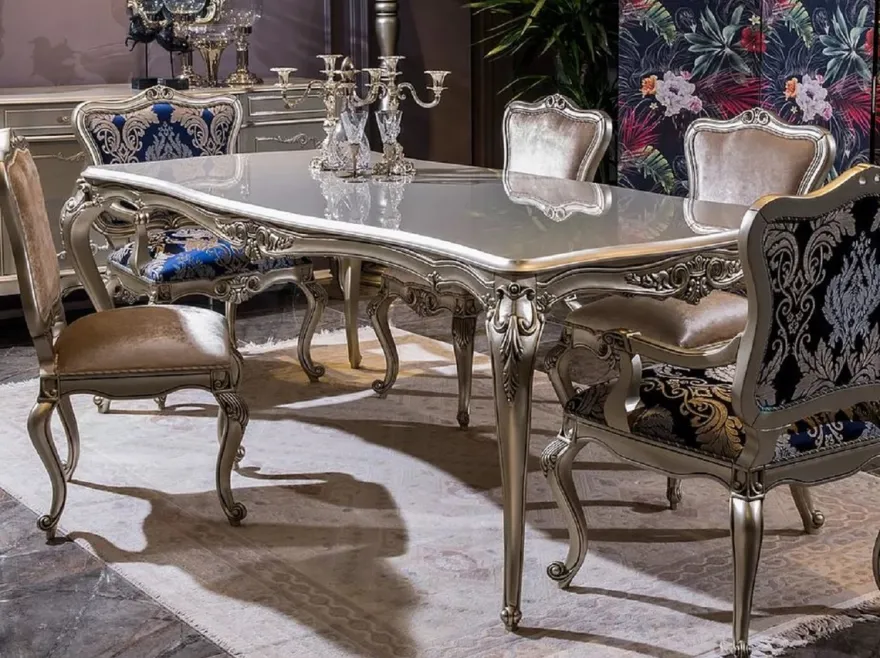 Casa Padrino Luxus Barock Esstisch Silber - Prunkvoller Massivholz Esszimmertisch - Prunkvolle Barock Esszimmer Möbel