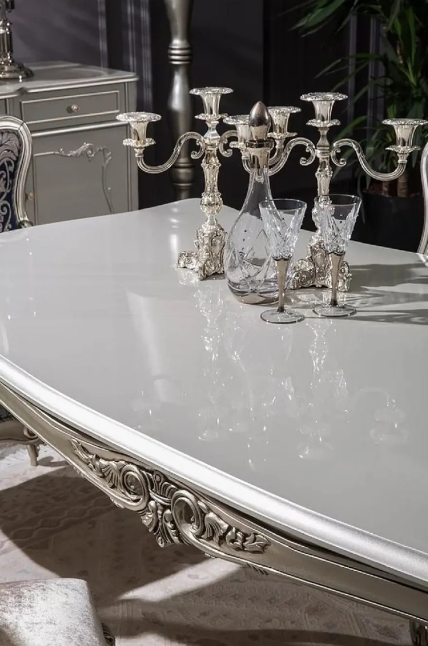 Casa Padrino Luxus Barock Esstisch Silber - Prunkvoller Massivholz Esszimmertisch - Prunkvolle Barock Esszimmer Möbel