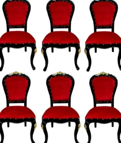 Casa Padrino Luxus Barock Esszimmer Set Bordeauxrot / Schwarz / Gold 50 x 50 x H. 110 cm - 6 handgefertigte Massivholz Esszimmerstühle mit Samtstoff - Barock Esszimmermöbel