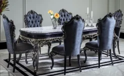 Casa Padrino Luxus Barock Esszimmer Set Weiß / Blau / Gold - 1 Esstisch & 6 Esszimmerstühle - Barock Esszimmer Möbel - Edel & Prunkvoll