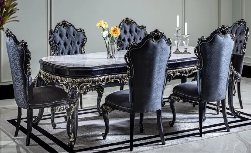 Casa Padrino Luxus Barock Esszimmer Set Weiß / Blau / Gold - 1 Esstisch & 6 Esszimmerstühle - Barock Esszimmer Möbel - Edel & Prunkvoll