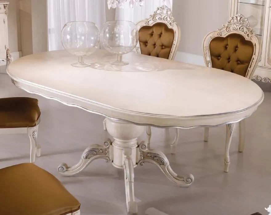 Casa Padrino Luxus Barock Esstisch Creme / Silber - Ovaler ausziehbarer Massivholz Esszimmertisch im Barockstil - Barock Esszimmer Möbel - Luxus Qualität - Made in Italy
