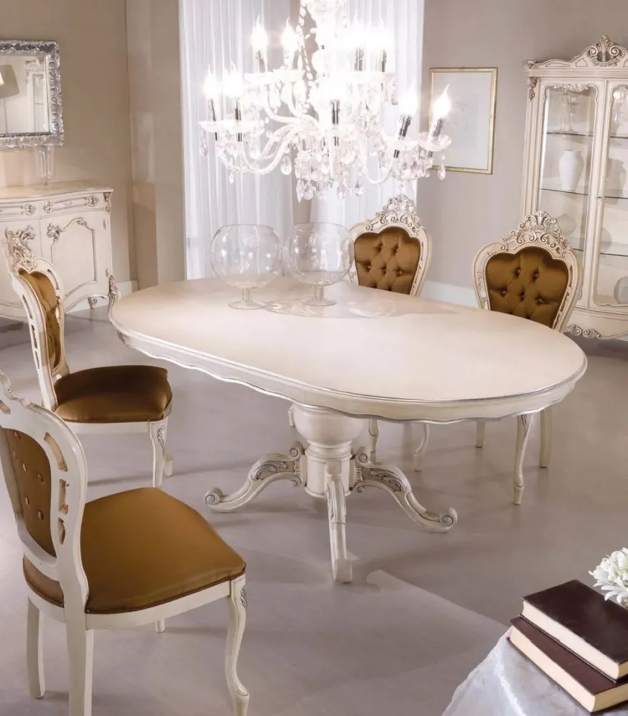 Casa Padrino Luxus Barock Esstisch Creme / Silber - Ovaler ausziehbarer Massivholz Esszimmertisch im Barockstil - Barock Esszimmer Möbel - Luxus Qualität - Made in Italy