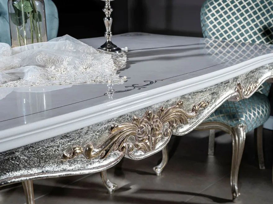 Casa Padrino Luxus Barock Esstisch Weiß / Silber / Gold 207 x 112 x H. 82 cm - Massivholz Esszimmertisch - Edle Barock Esszimmer Möbel
