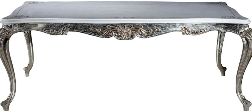 Casa Padrino Luxus Barock Esstisch Weiß / Silber / Gold 207 x 112 x H. 82 cm - Massivholz Esszimmertisch - Edle Barock Esszimmer Möbel