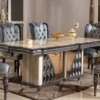 Casa Padrino Luxus Barock Esszimmer Set Beige / Hellblau / Schwarz / Gold - 1 Barock Esstisch & 6 Barock Esszimmerstühle - Luxus Esszimmer Möbel im Barockstil - Barock Möbel - Edel & Prunkvoll