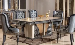 Casa Padrino Luxus Barock Esszimmer Set Beige / Hellblau / Schwarz / Gold - 1 Barock Esstisch & 6 Barock Esszimmerstühle - Luxus Esszimmer Möbel im Barockstil - Barock Möbel - Edel & Prunkvoll