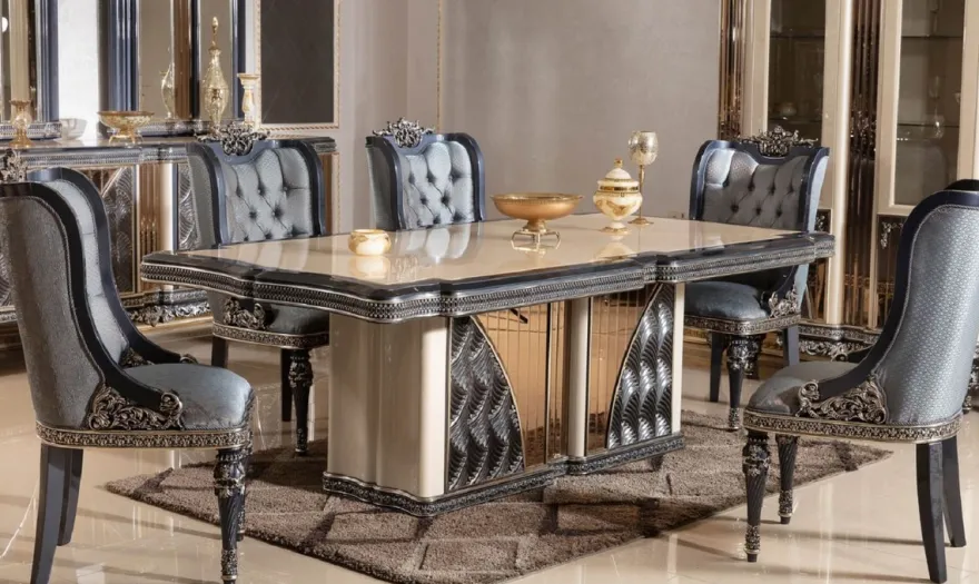 Casa Padrino Luxus Barock Esszimmer Set Beige / Hellblau / Schwarz / Gold - 1 Barock Esstisch & 6 Barock Esszimmerstühle - Luxus Esszimmer Möbel im Barockstil - Barock Möbel - Edel & Prunkvoll