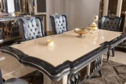 Casa Padrino Luxus Barock Esszimmer Set Beige / Hellblau / Schwarz / Gold - 1 Barock Esstisch & 6 Barock Esszimmerstühle - Luxus Esszimmer Möbel im Barockstil - Barock Möbel - Edel & Prunkvoll