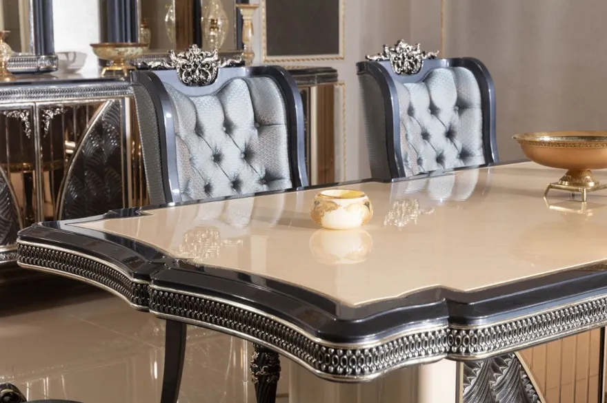 Casa Padrino Luxus Barock Esszimmer Set Beige / Hellblau / Schwarz / Gold - 1 Barock Esstisch & 6 Barock Esszimmerstühle - Luxus Esszimmer Möbel im Barockstil - Barock Möbel - Edel & Prunkvoll