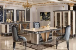 Casa Padrino Luxus Barock Esszimmer Set Beige / Hellblau / Schwarz / Gold - 1 Barock Esstisch & 6 Barock Esszimmerstühle - Luxus Esszimmer Möbel im Barockstil - Barock Möbel - Edel & Prunkvoll