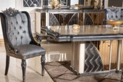 Casa Padrino Luxus Barock Esszimmer Set Beige / Hellblau / Schwarz / Gold - 1 Barock Esstisch & 6 Barock Esszimmerstühle - Luxus Esszimmer Möbel im Barockstil - Barock Möbel - Edel & Prunkvoll