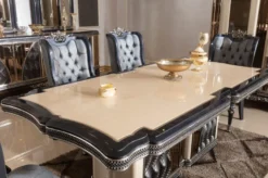 Casa Padrino Luxus Barock Esszimmer Set Beige / Hellblau / Schwarz / Gold - 1 Barock Esstisch & 6 Barock Esszimmerstühle - Luxus Esszimmer Möbel im Barockstil - Barock Möbel - Edel & Prunkvoll