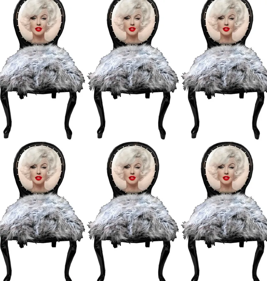 Casa Padrino Luxus Barock Esszimmerstuhl Set Marilyn Monroe Grau / Schwarz 50 x 60 x H. 104 cm - Handgefertigte Pop Art Designer Stühle mit Kunstfell - Barock Esszimmer Möbel
